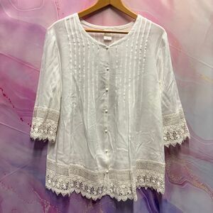 Blair M 1/2 Sleeve Cream Eyelet Button Down Blouse Boho Old Money Colonial Chic